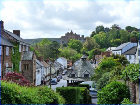 Dunster High street with castle in background & Yarn market in foreground